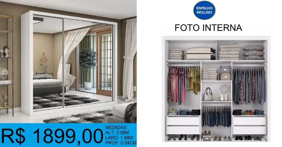 GUARDA ROUPA - ESPELHO INCLUSO = COMPRE HOJE E RECEBA EM ATE 72H