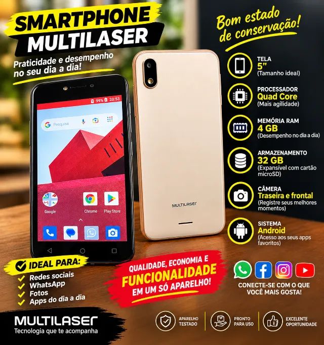 Smartphone Multilaser E Lite Dourado com 32GB, 4 de RAM, Tela 4?, Android 8.1, Dual Chip, 