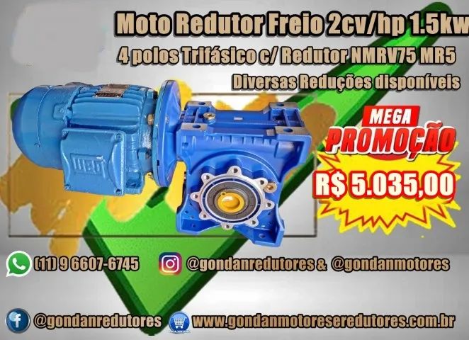 Moto Redutor Freio 2cv 1.5kw 4polos Trifásico e Redutor NMRV75 MR5 - Foto 6