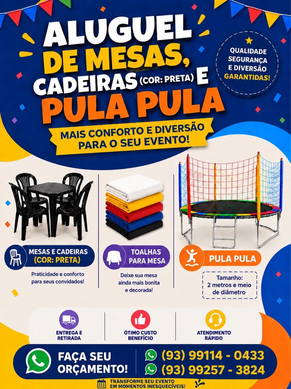 Aluguel mesas, cadeiras, toalhas, pula pula