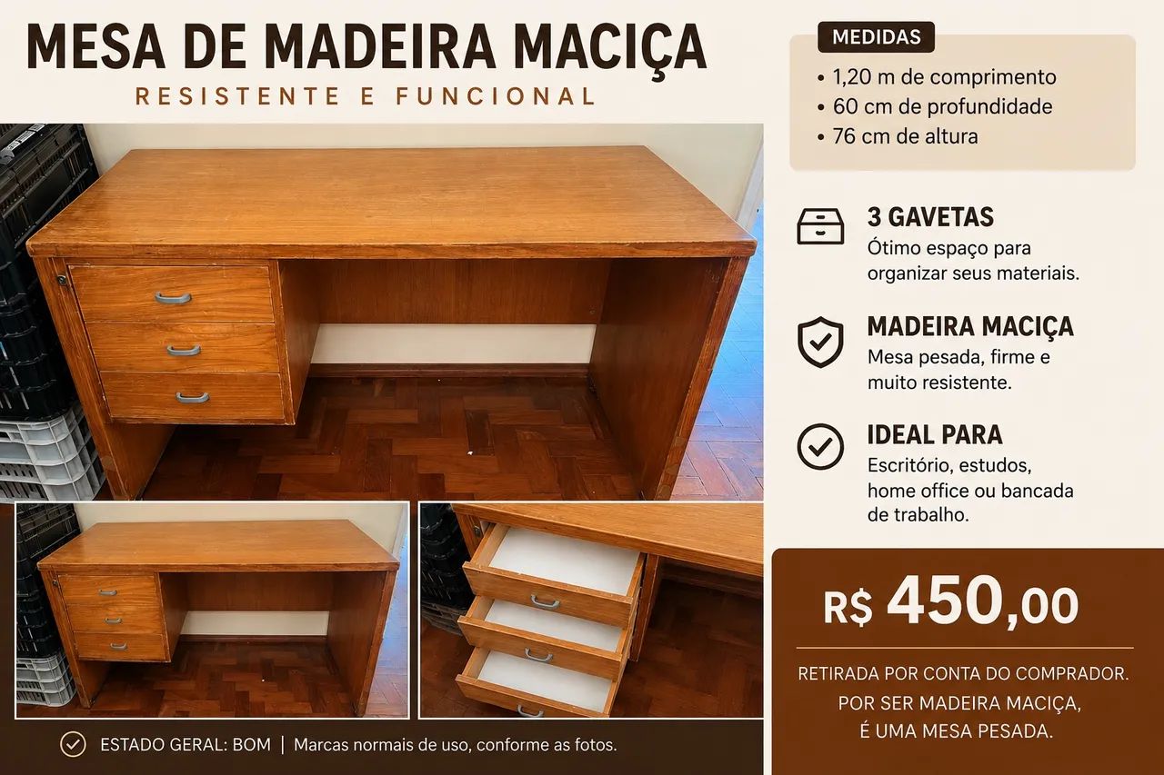 Mesa de madeira maciça com gavetas - Foto 3