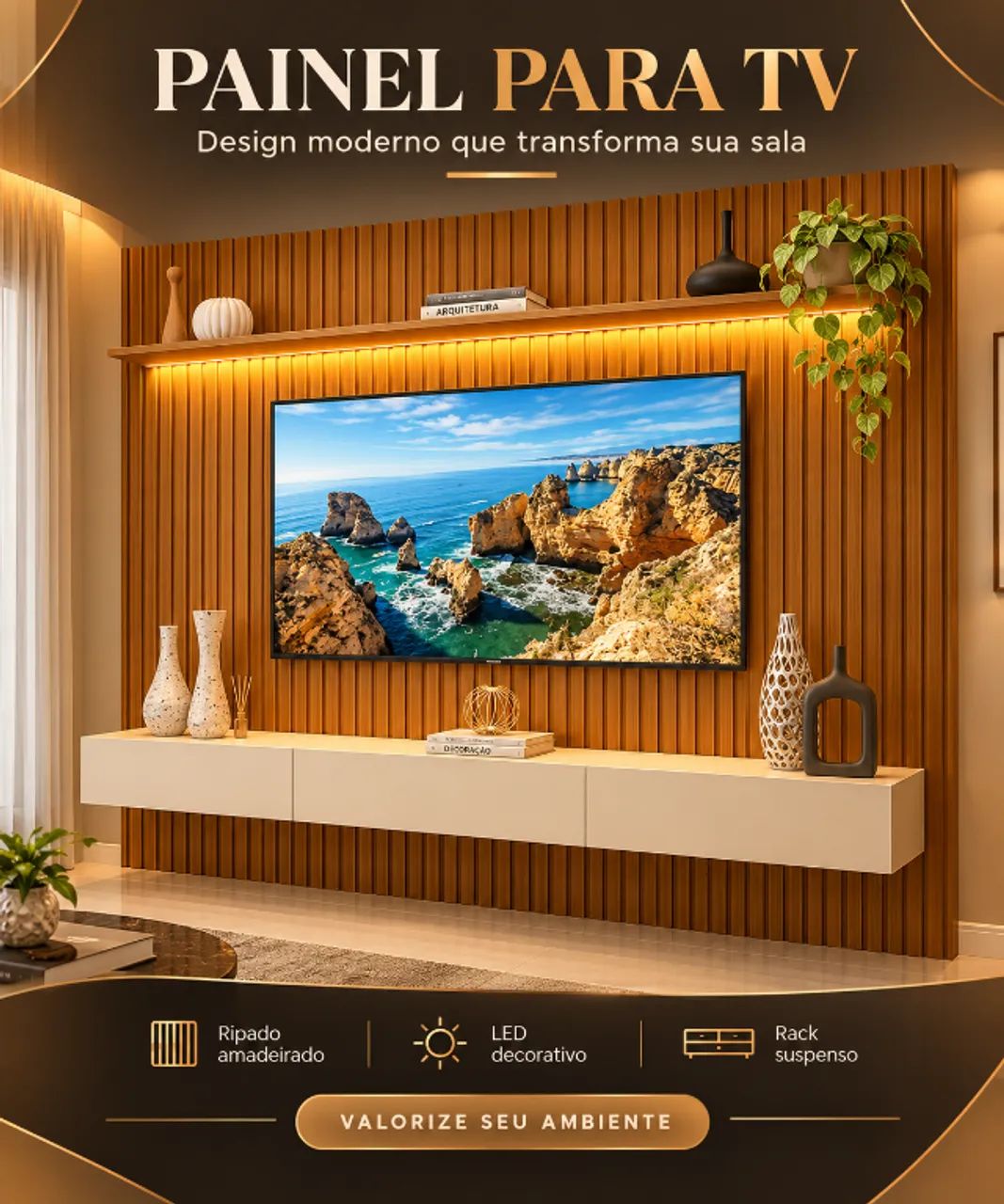 Painel para TV até 90 Polegadas 229x250cm Ripado com LED 3 Gavetas 100% MDF - Gelius