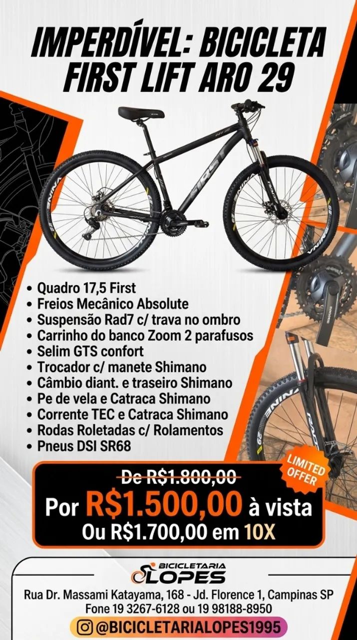 Bicicleta aro 29 First Lift 21V Inteira Shimano