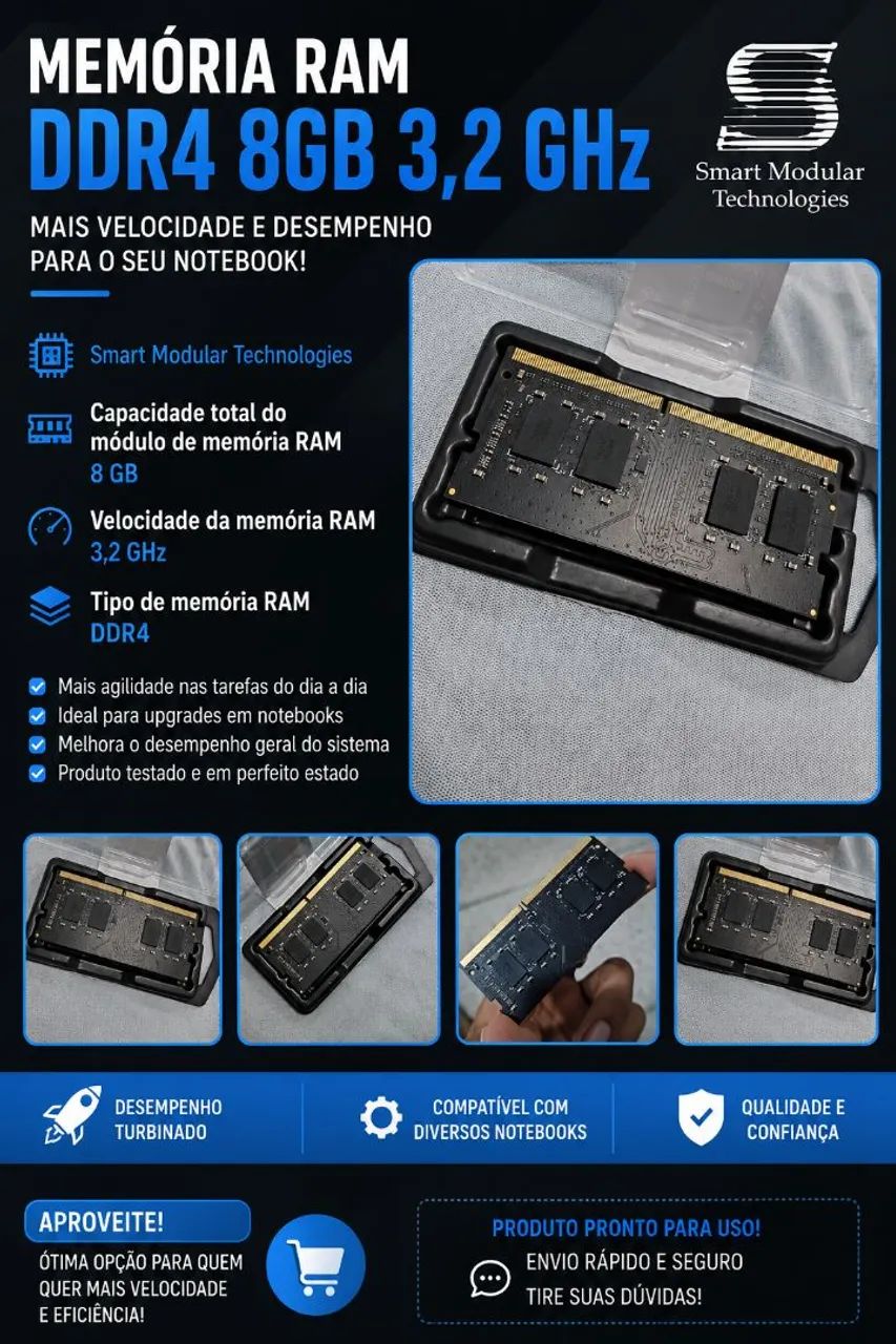 Memória RAM 8GB DDR4 3200MHz para Notebook.