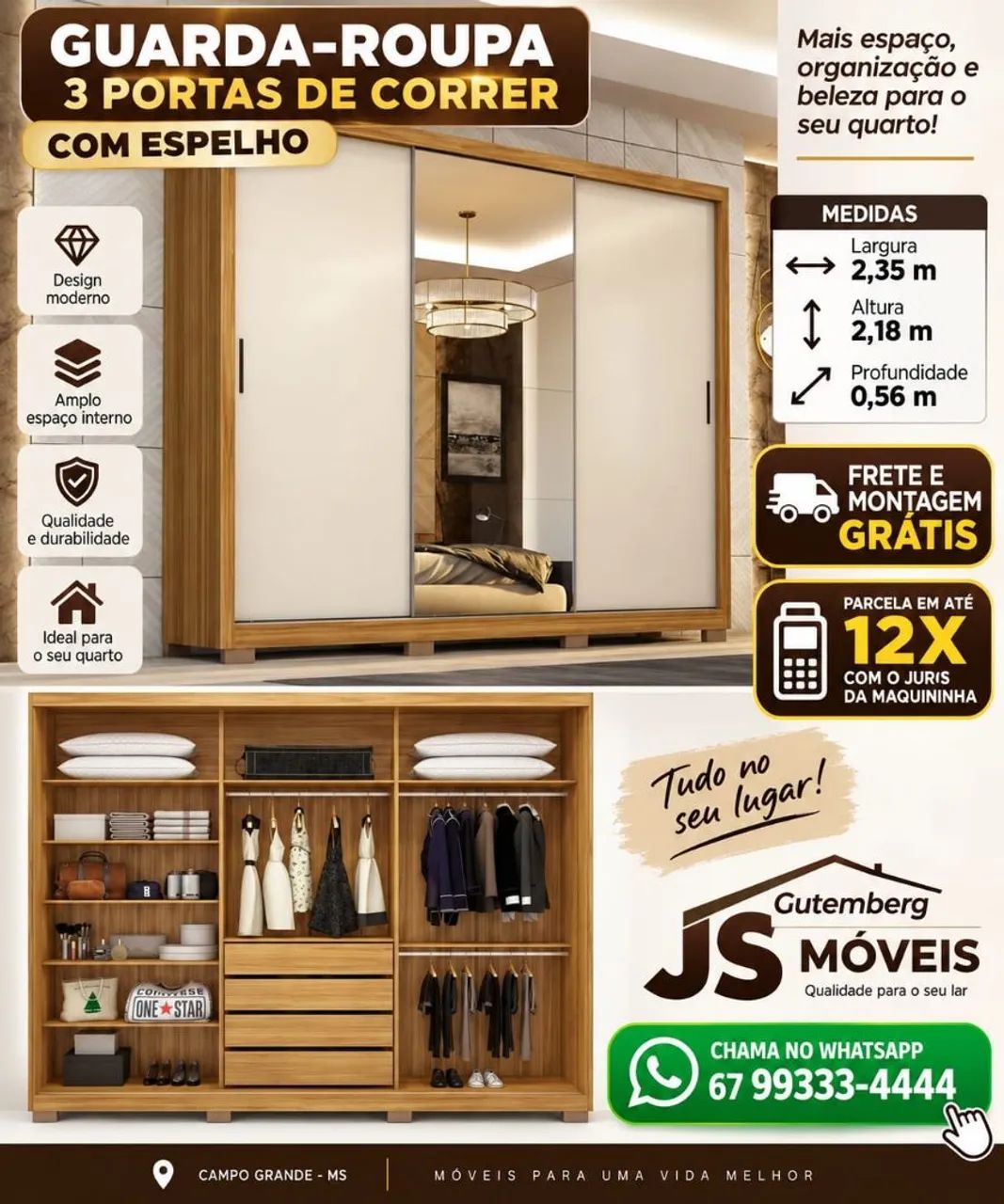 Guarda roupa 3 portas de correr com espelho