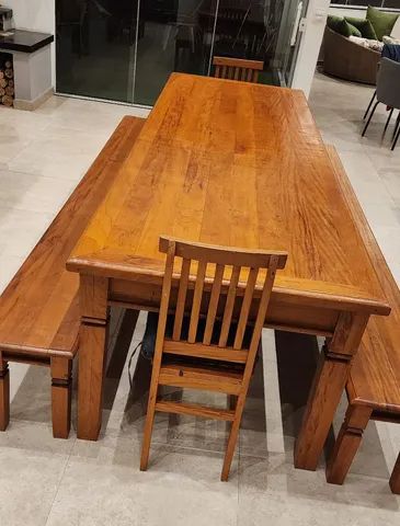 Mesa 3,00 mts X 1,00 m com 02 bancos e 02 cadeiras tudo em madeira maciça Peroba rosa - Foto 5