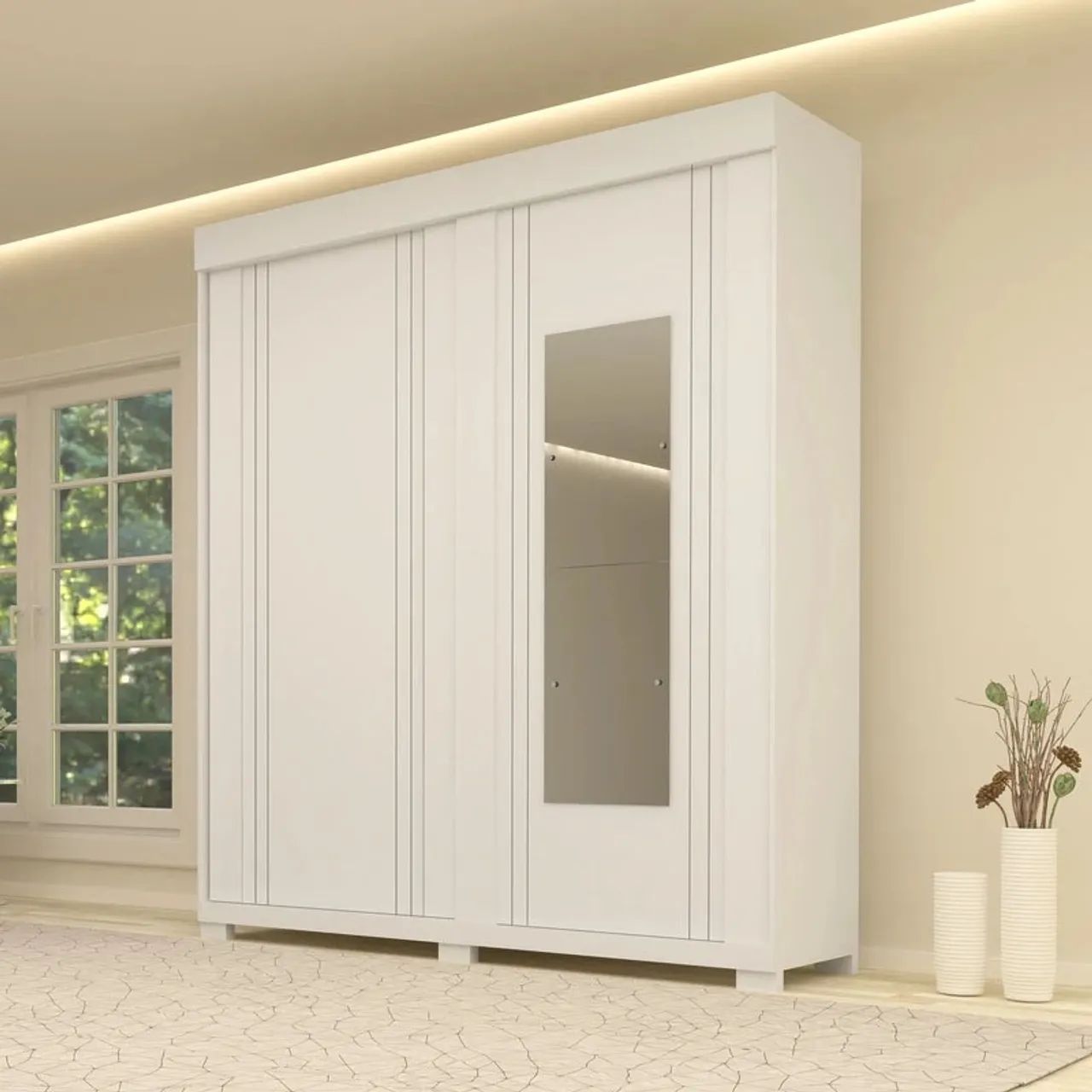 Roupeiro c/Espelho 2 Portas 3 Gavetas MDF Larg. 1.80m Branco rf55