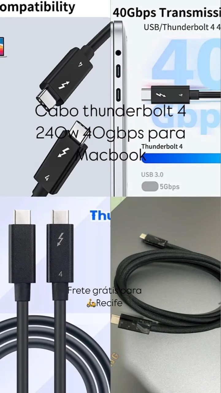 Cabo Thunderbolt 4 40Gbps 240W para Macbook - Novo