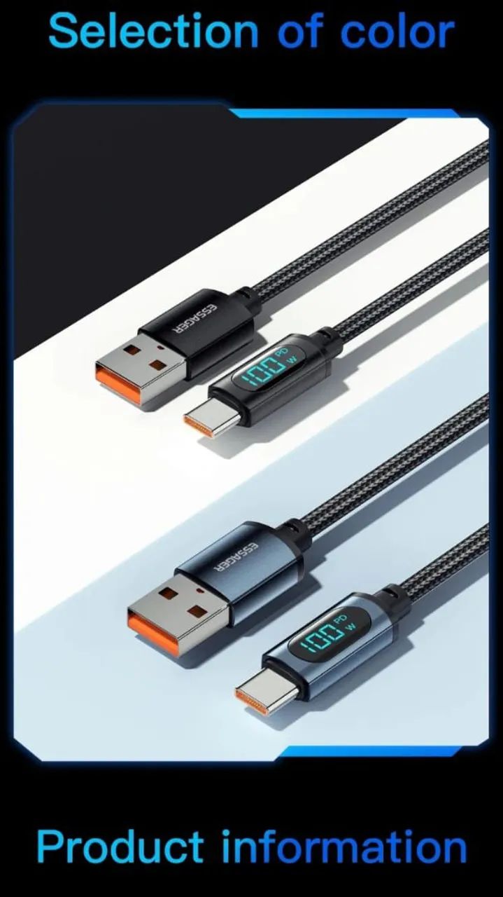 Cabo USB-C para Carregamento Rápido 100W com Display Digital - Foto 3