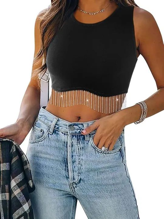 Cropped Feminino Malha Canelada com Franja Strass
