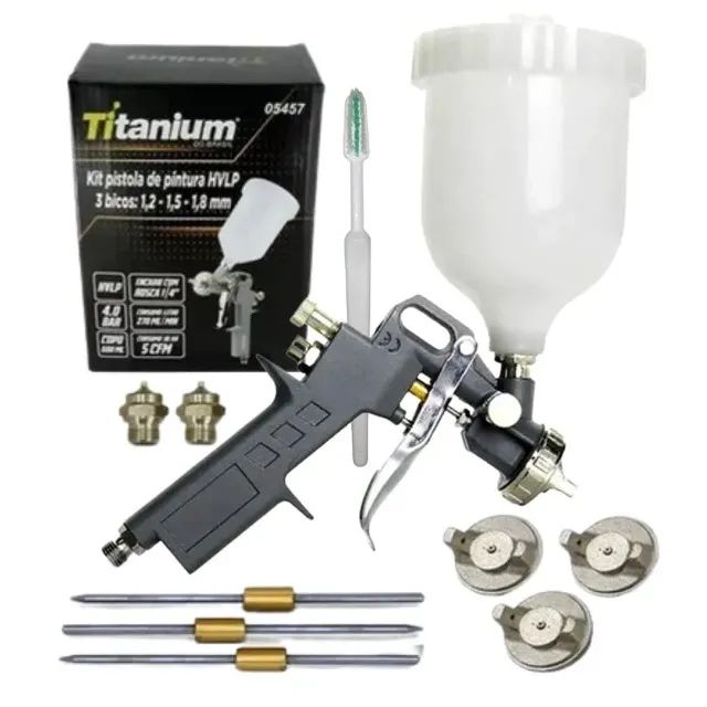 Pistola HVLP Pintura Por Gravidade + 3 Bicos 1,2mm 1,5mm 1,8mm Titanium - Foto 3