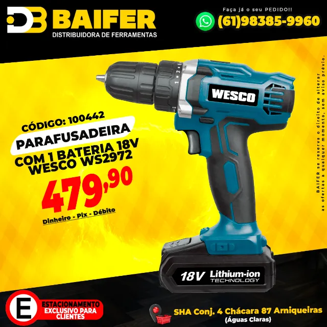 Parafusadeira Com 1 Bateria 18v Wesco Ws2972