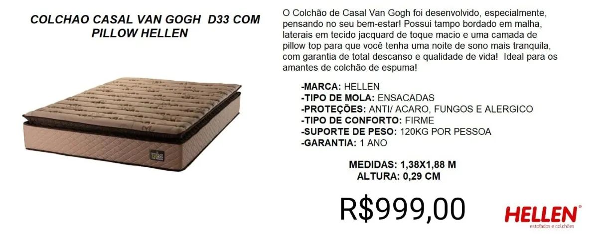 COLCHAO CASAL MOLAS  VAN GOGH ONE FACE BORDADO D33 COM PILLOW 29CM 