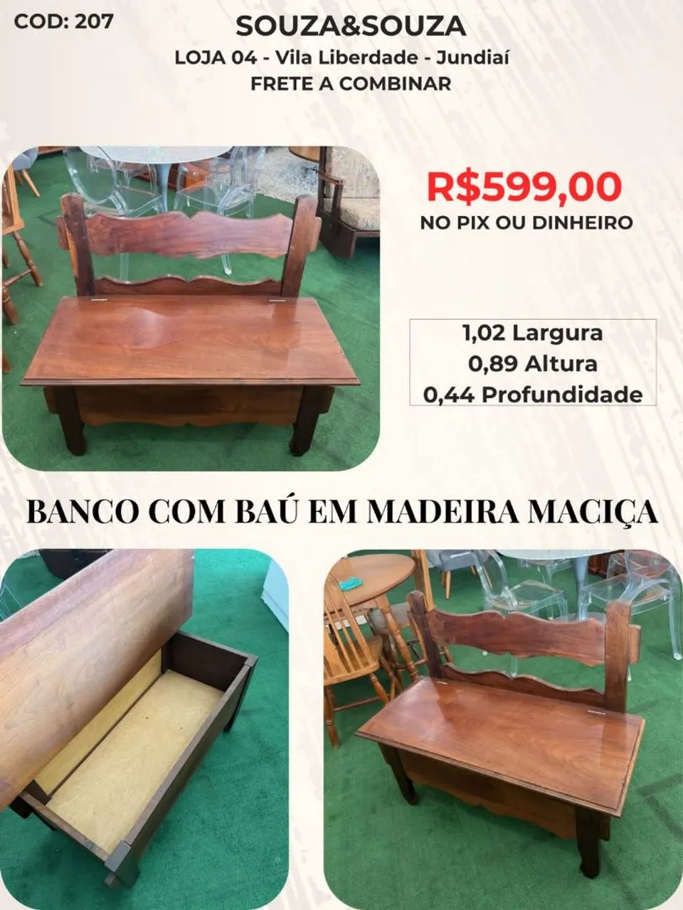 Banco Baú em Madeira Maciça 