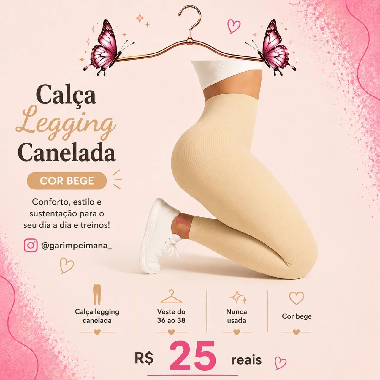 Calça legging canelada, cintura alta.