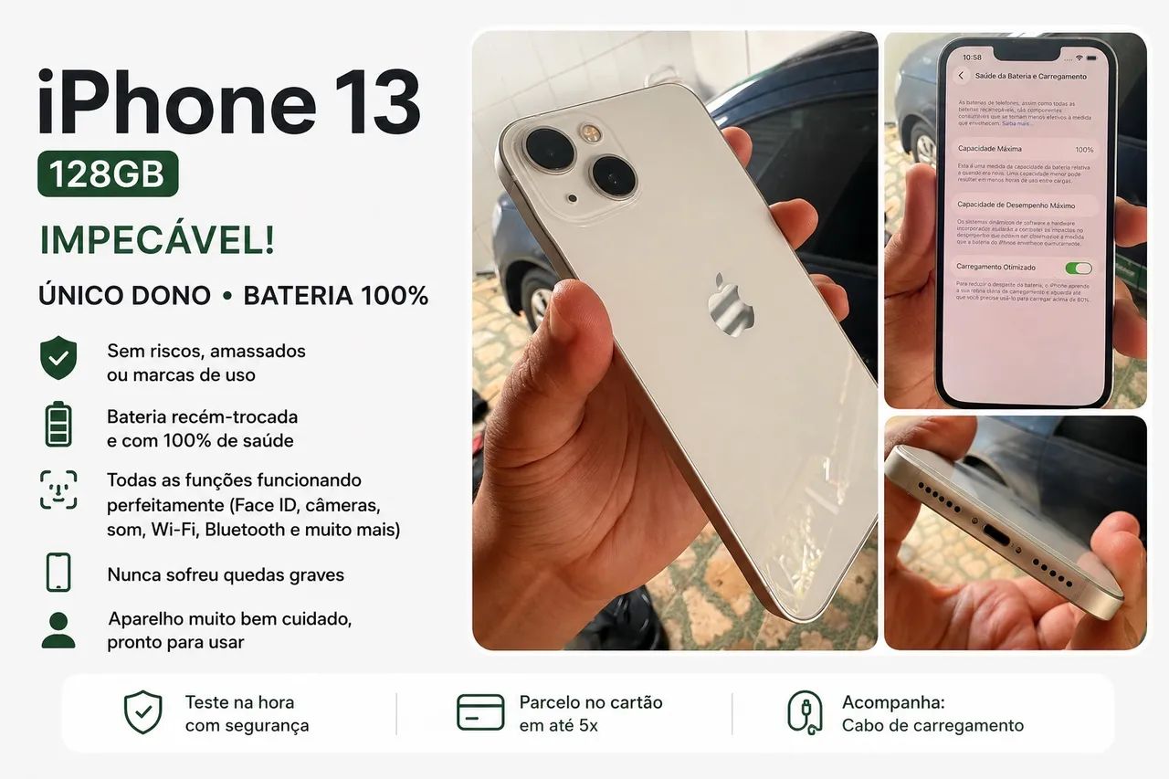 iPhone 13 Branco - Bateria 100% - Impecável 