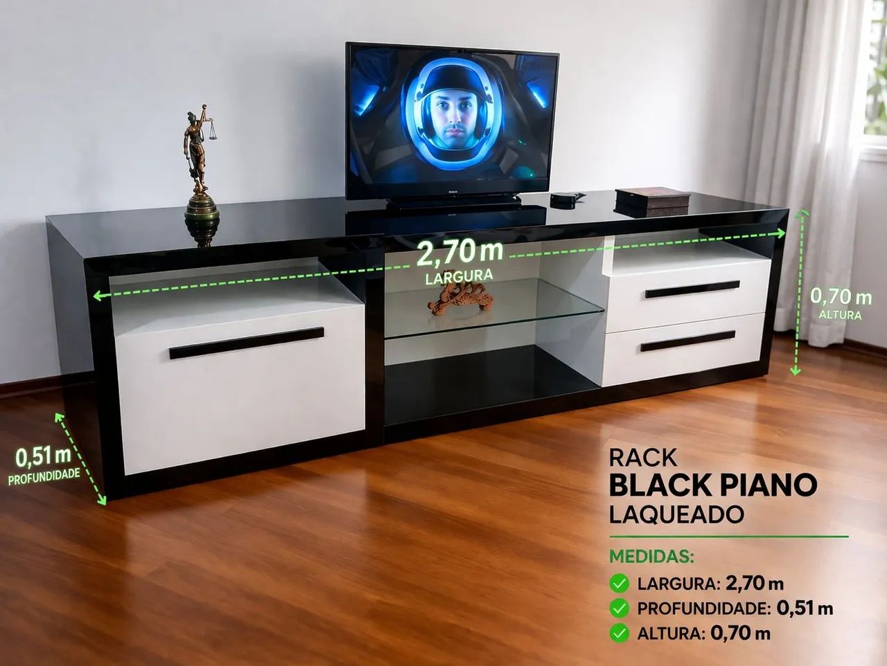 Black Piano Lacquered Living Room Rack - High-End with Nylon Feet
