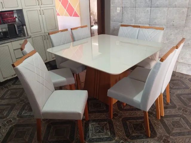 mesa de jantar 8 lugares com vidro pronta entrega 