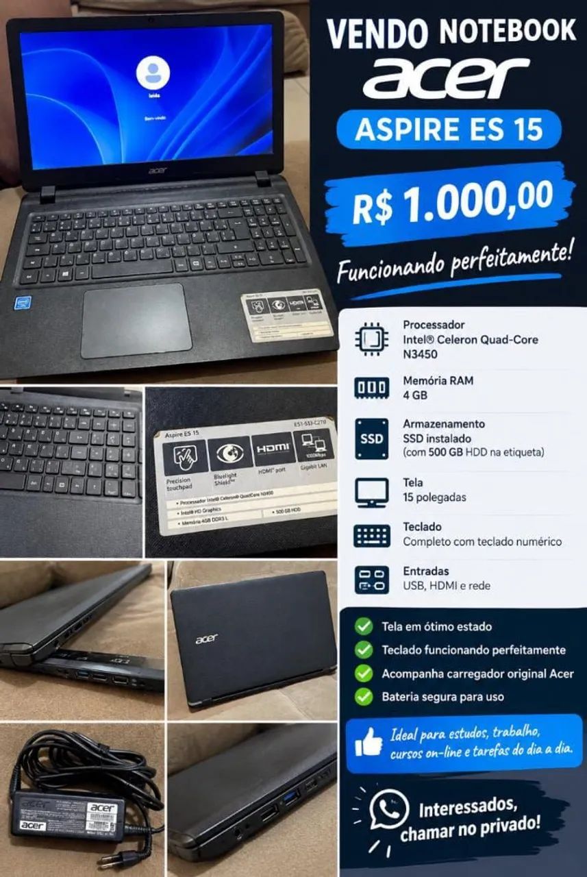 Vendo notebook Acer Aspire ES 15 pol.
