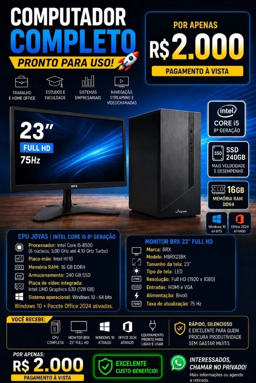PC Intel Core i5 (8ª Geração) | SSD 240 GB com 16 GB de RAM | Windows 10