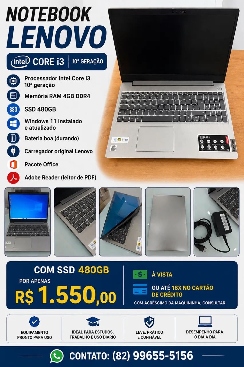 Notebook Lenovo i3 10° geração | SSD 480gb
