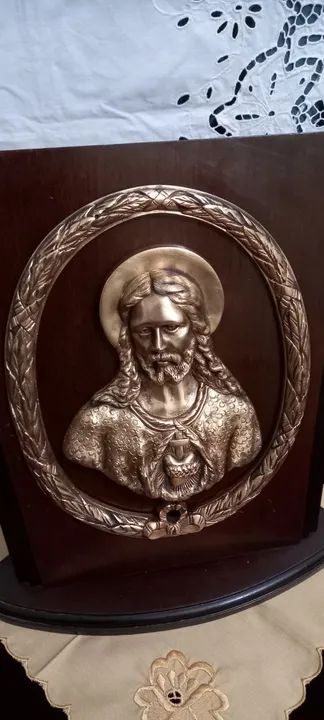 Antigo Sagrado Coração De Jesus De Bronze e Madeira - Foto 3
