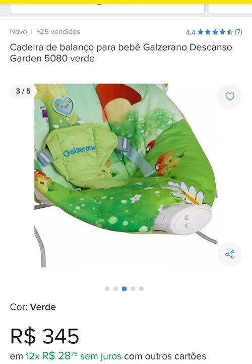 Cadeira de Balanço para Bebê Galzerano Descanso Garden 5080 Verde - Foto 3