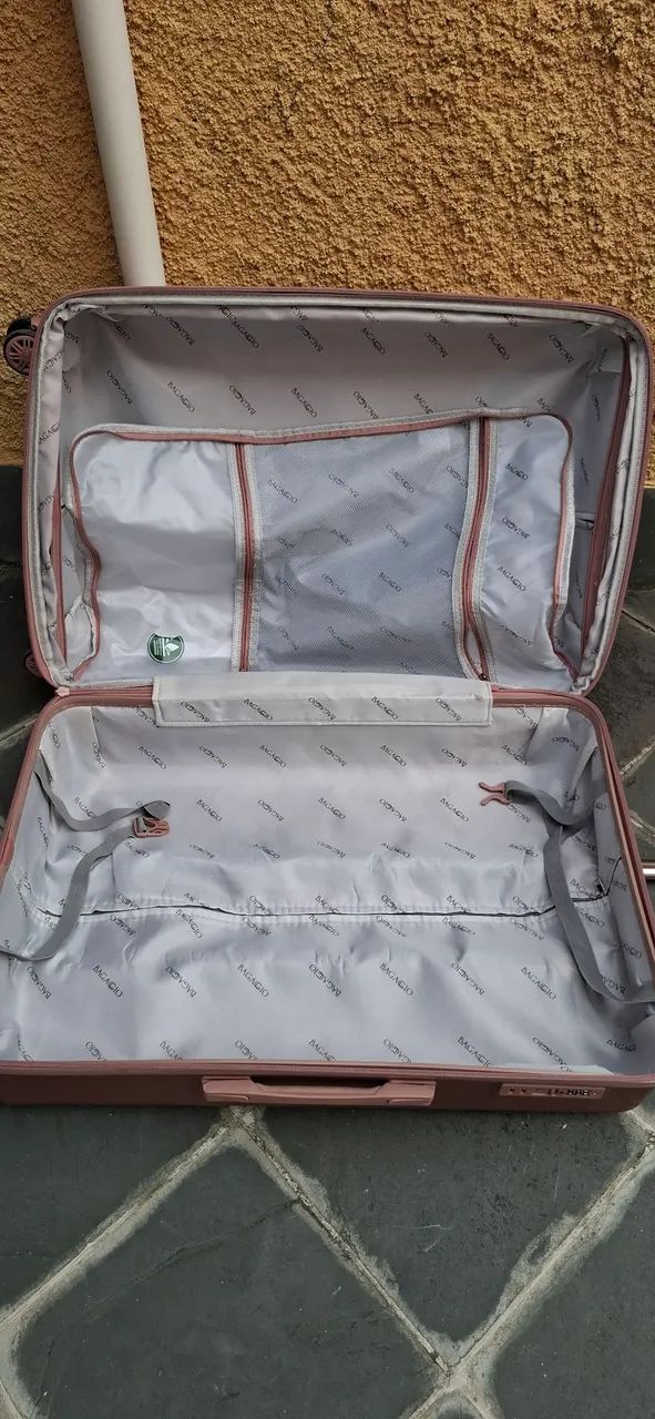 Mala rígida rosa cintilante Bagaggio, 73 alt x 47 larg x 31 prof. Falta 1 roda. Resto ok. - Foto 6