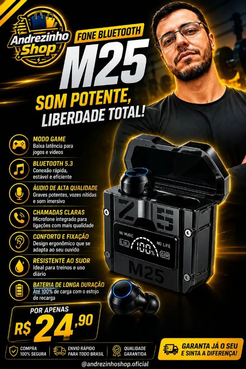 Fone de ouvido bluetooth M25 