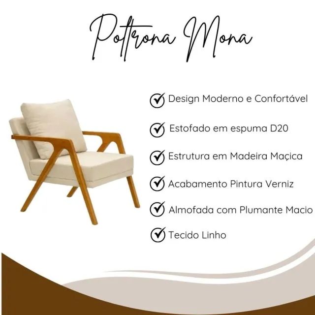 Poltrona Luxo Madeira Maciça e Linho Bege Claro  - Foto 2