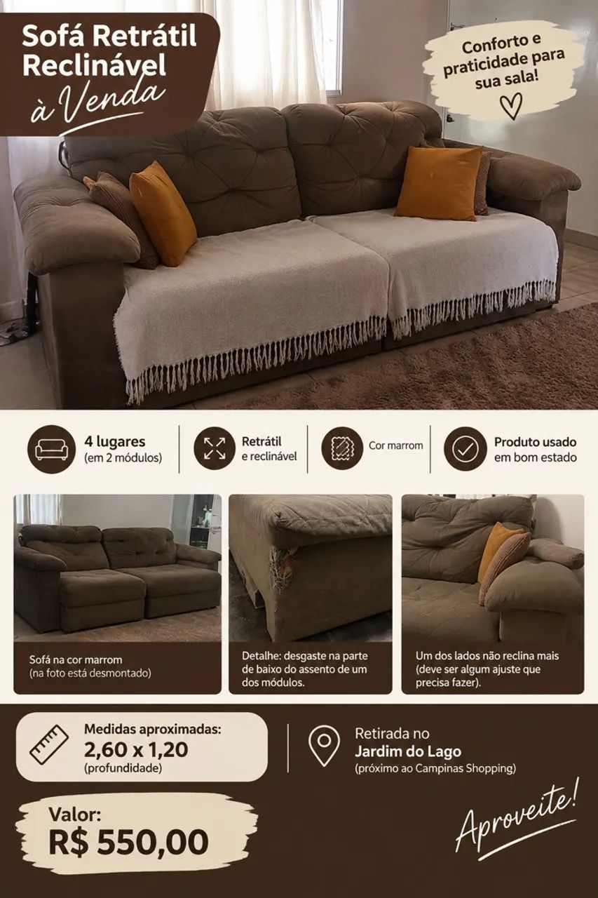 Sofá Retrátil Reclinável 4 lugares (2 módulos) 