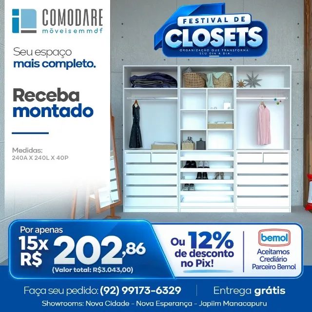 Closet 2,40m com Gavetas e Sapateira - R$ 3.043,00