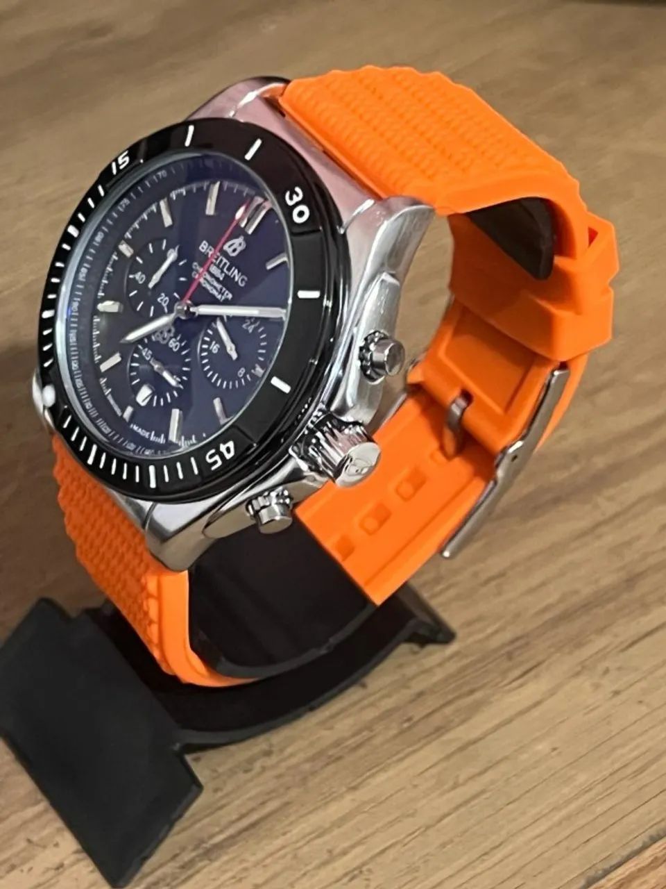 Relógio Masculino Breitling Cronógrafo Pulseira silicone laranja - Foto 3