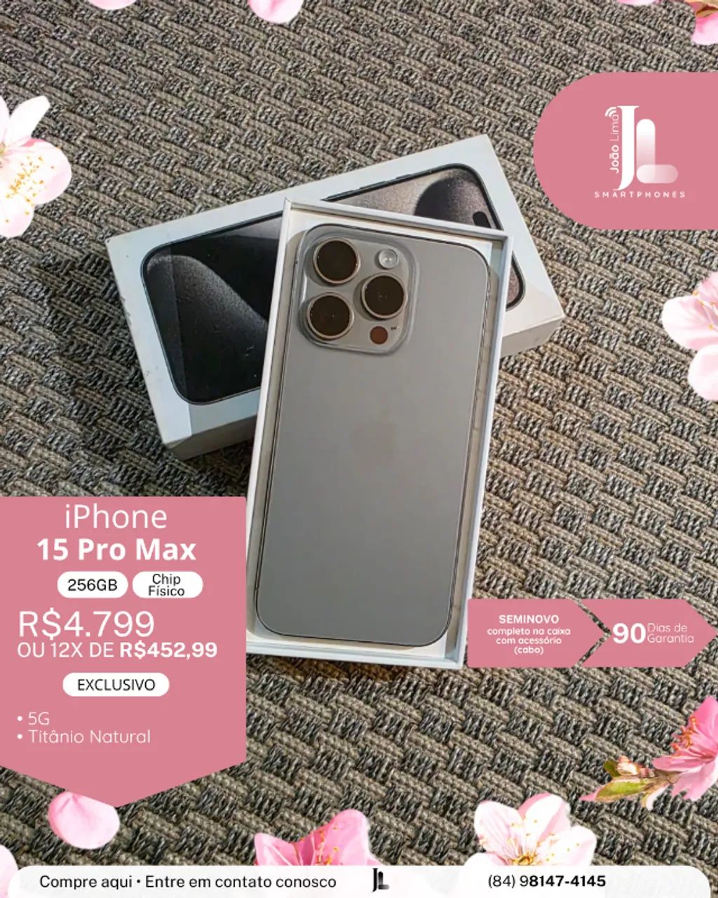 IPHONE 15 PRO MAX, 5G, 256GB, CHIP FÍSICO, TITÂNIO NATURAL