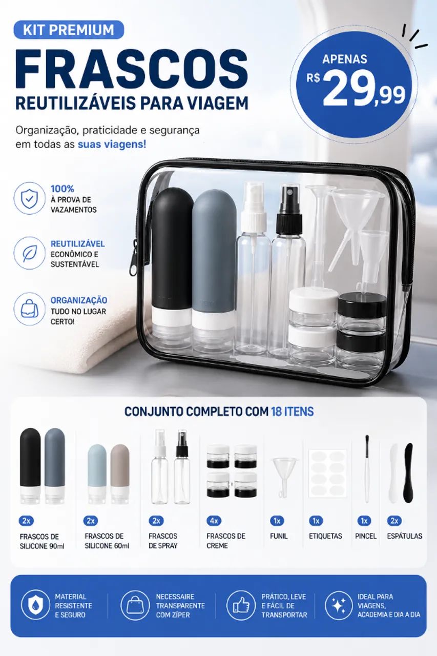 Kit Premium de Frascos Reutilizáveis para Viagem com Necessaire Transparente 