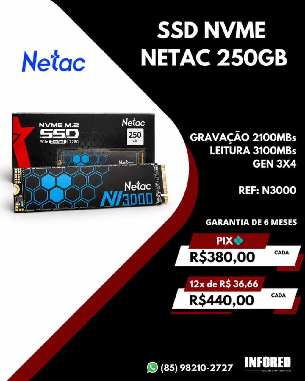 SSD NVMe Netac 250GB PCIe Gen3x4 M.2 