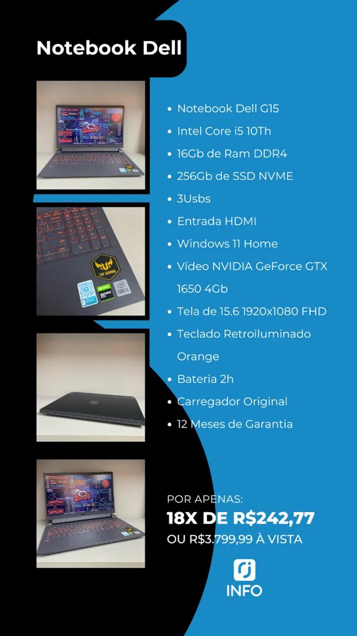 Notebook Dell G15 -  Intel Core i5 10Th - 16Gb de Ram DDR4