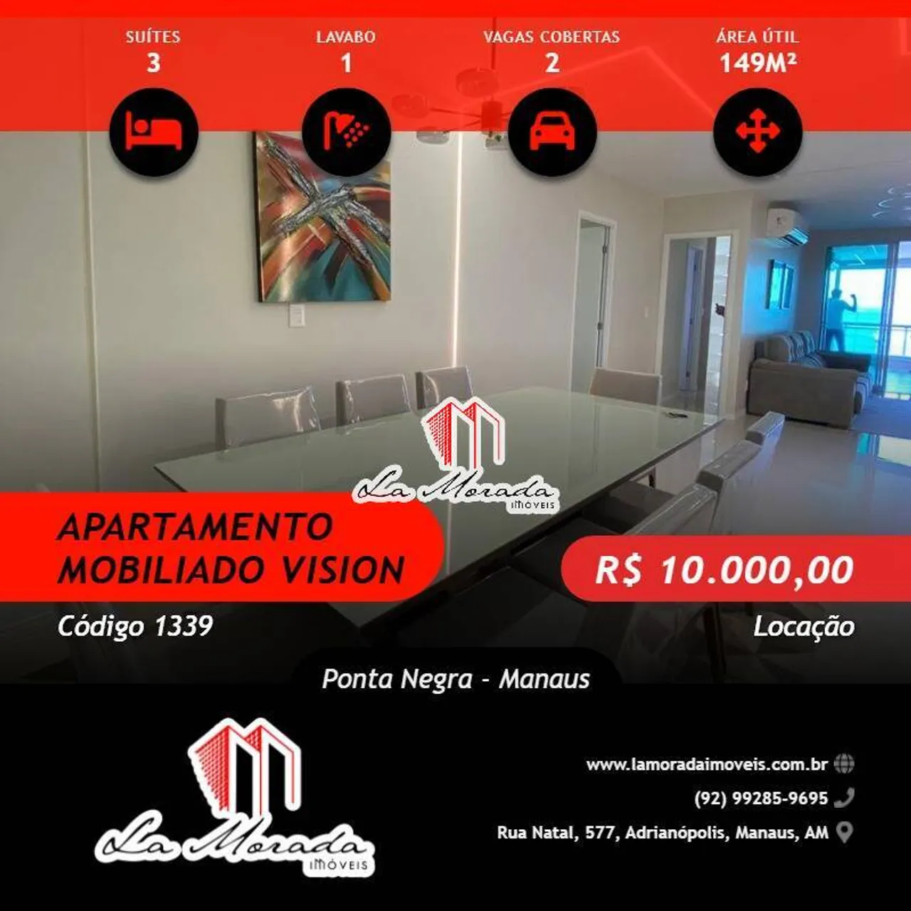 Vision Ponta Negra, 149M², 3 Suítes - Mobiliado! Locação