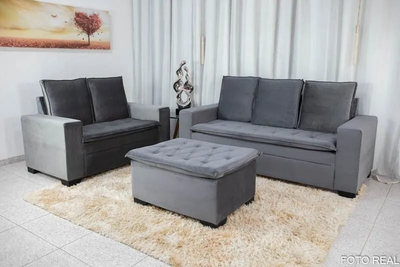 Conjunto de Sofás 2 e 3 Lugares Veludo Cinza