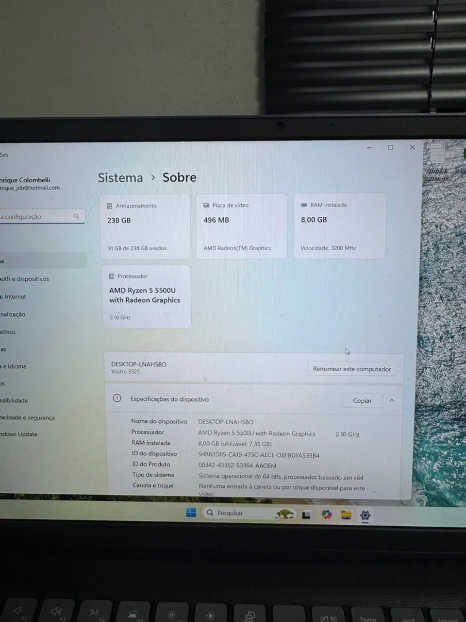 Notebook Dell Vostro 3525 Ryzen 5 5500U 8GB RAM
