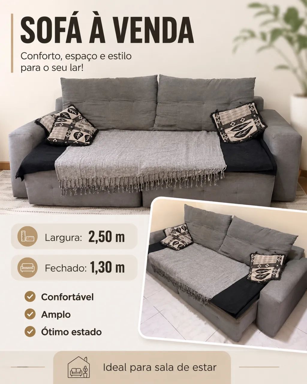 Sofá Retrátil - Cor Cinza 