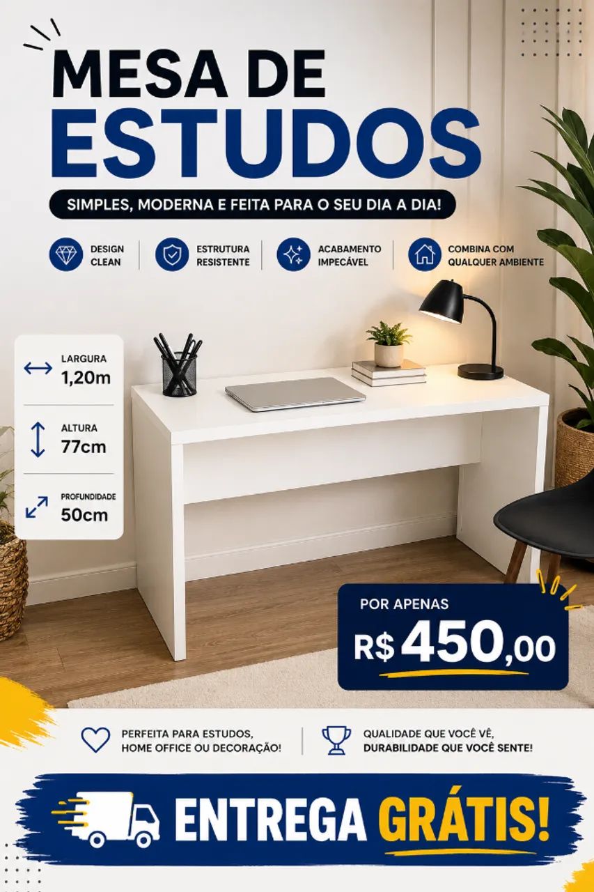 Mesa Escrivaninha Branca 1,20m - Qualidade e Estilo - Entrega Grátis