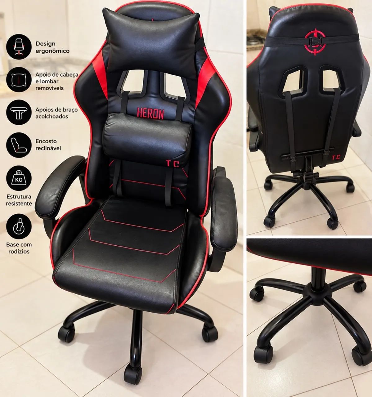  Cadeira Gamer HERON Preta e Vermelha - Conservada