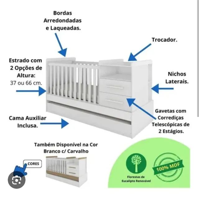 Berço Multifuncional Vini com C ômoda, Trocador e Cama Auxiliar - Foto 4