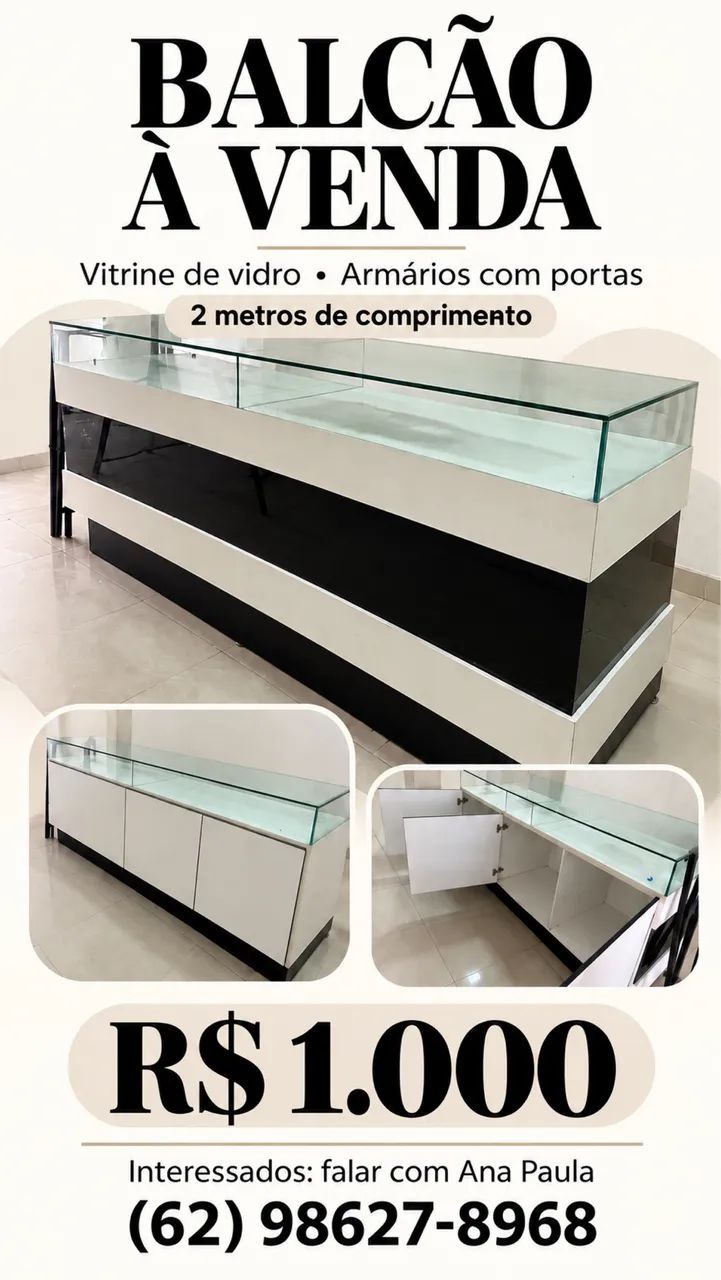 Balcão expositor com vitrine de vidro e armários ? 2 metros