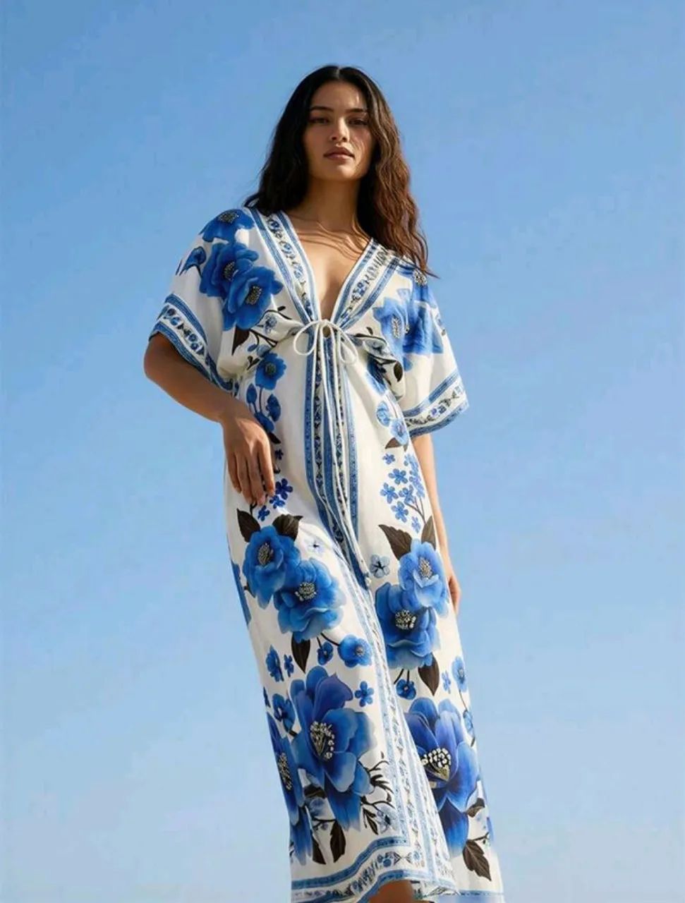 Vestido longo azul estampado