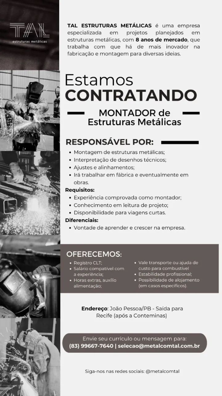 VAGA CLT MONTADOR DE ESTRUTURAS METÁLICAS