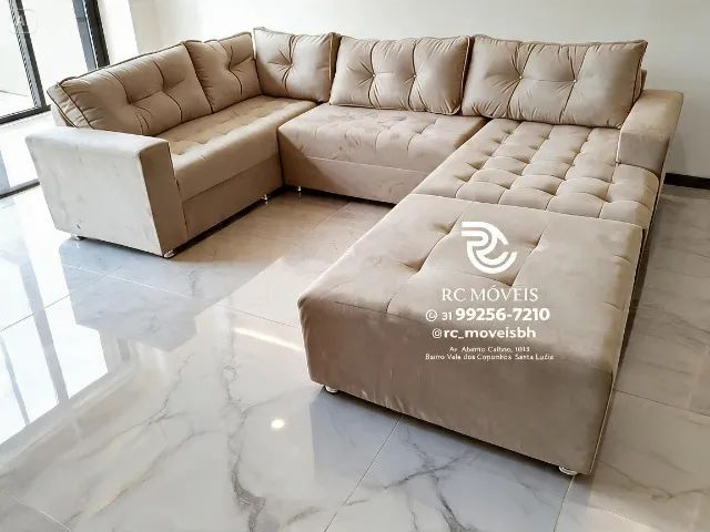 Sofá de Canto 3,10m com Chaise e Puff Veludo Grafite D33 - Foto 4