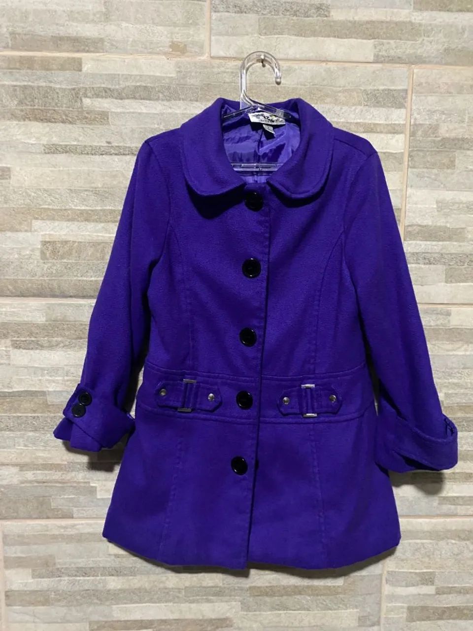 Casaco infantil roxo elegante modelo sobretudo 