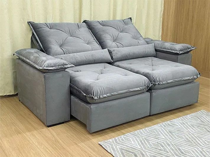 Sofá Retrátil 2 Lugares 180cm Molas Bonnel Veludo Cinza - Foto 2